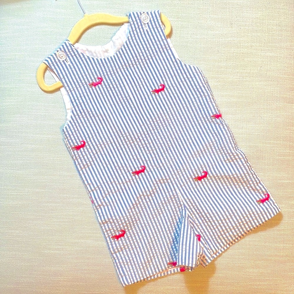 💔SOLD💔 Kelly’s Kids Embroidered Pink Alligator Seersucker John-John